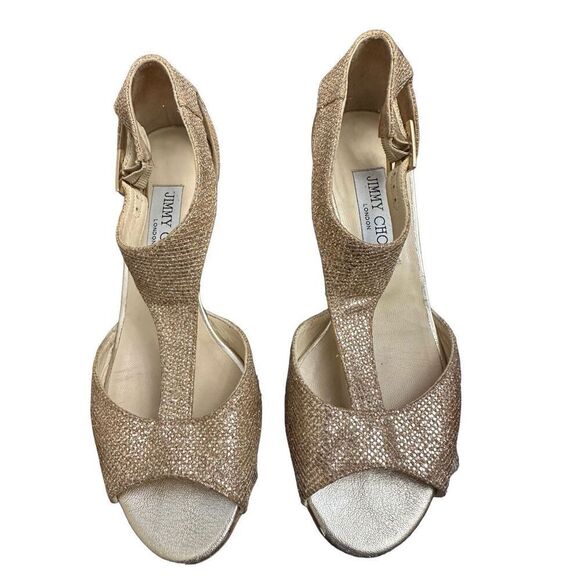 JIMMY CHOO gold glitter T-Strap Sandals size 35 US 4.5 - Picture 1 of 8